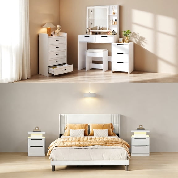 Asofer White Bedroom Set: Queen Bed, 5-Drawer Dresser, Vanity & 2 Nightstands
