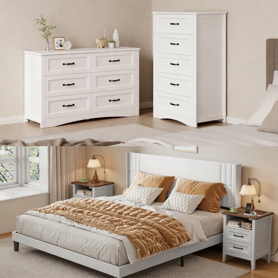 Asofer White King Bedroom Set: Bed Frame, 2 Nightstands & 2 Dressers, Modern Storage Bundle
