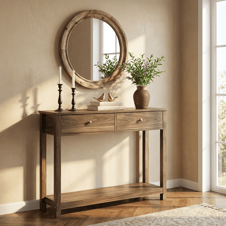 Console Table with 2 Drawers, Asofer 39" Modern Sofa Table, Narrow Wood Entryway Table with Open Storage for Living Room, Foyer, Retro
