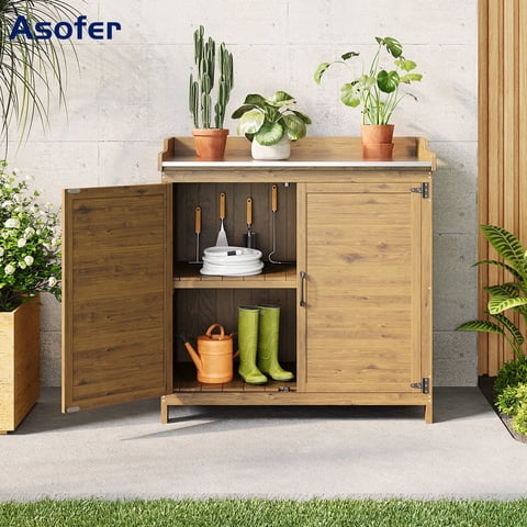 Asofer Wood Outdoor Patio Potting Bench with Adjustable Shelves,Metal Tabletop for Backyard, Gardening, Nature