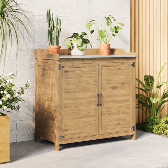 Asofer Fir Wood Potting Bench, Galvanized Metal Tabletop, Magnetic Double Doors, Outdoor Garden Storage Cabinet, Natural