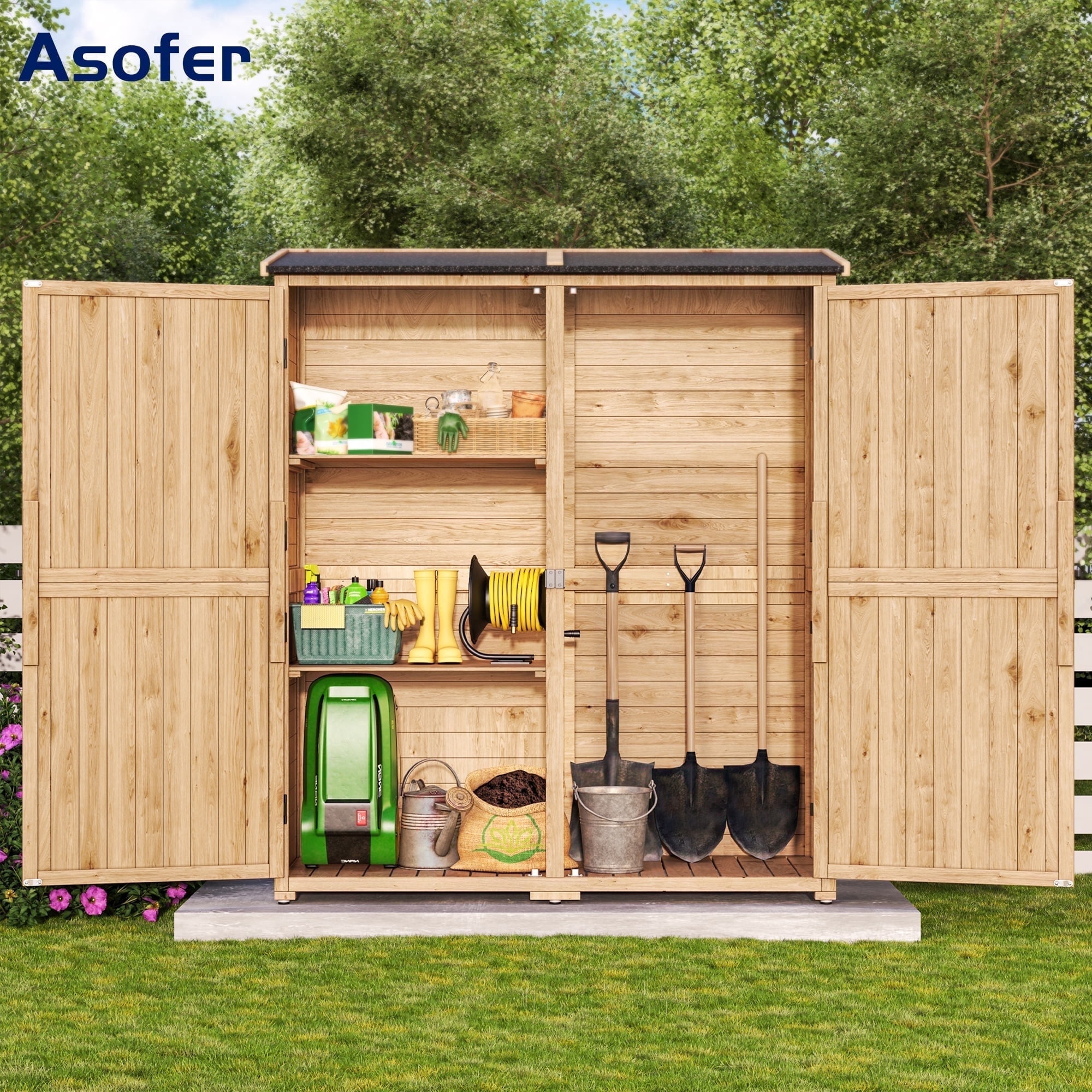 Asofer Wood Vertical Shed with Floor, Outdoor Storage Cabinet with Waterproof Roof, Garden Shed with 2 Removable Shelves