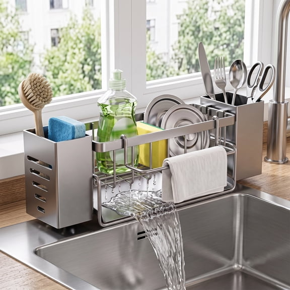 Asoibopi Sink Caddy Sponge Holder for Kitchen with Brush Holder and Stainless Steel Self Drain Tray, Rustproof Kitchen Sink Organizer for Sponge, Soap Dispenser Storage Accessories