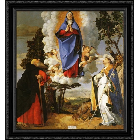 Asolo Altarpiece, main panel Scene of the Assumption with St. Anthony the Abbot and St. Louis of Toulouse 28x30 Large Black Ornate Wood Framed Canvas Art by Lorenzo Lotto