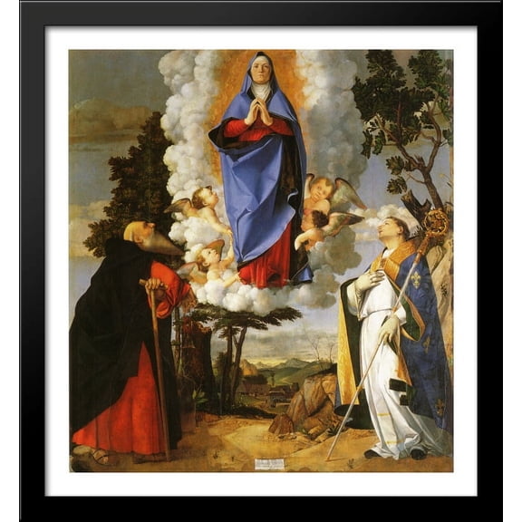 Asolo Altarpiece, main panel Scene of the Assumption with St. Anthony the Abbot and St. Louis of Toulouse 28x30 Large Black Wood Framed Print Art by Lorenzo Lotto
