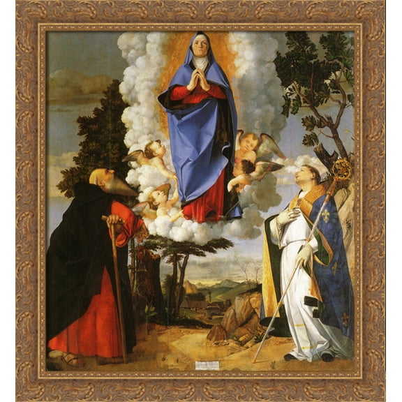 Asolo Altarpiece, main panel Scene of the Assumption with St. Anthony the Abbot and St. Louis of Toulouse 28x30 Large Gold Ornate Wood Framed Canvas Art by Lorenzo Lotto