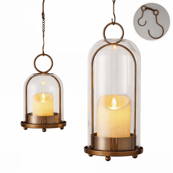Asoricing 2-Piece Glass Candle Holder Set, Gold Metal and Glass Cloche Candlesticks with Top Ring, Table Centerpiece for Wedding, Party and Living Room Decor