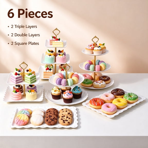 Asoricing Cake Stand, Cupcake Stand, Dessert Table Display Set, Peach Edged White, 2 Triple Layers, 2 Double Layers, 2 Square Plates