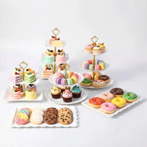 Asoricing Cake Stand, Cupcake Stand, Dessert Table Display Set, Peach Edged White, 2 Triple Layers, 2 Double Layers, 2 Square Plates