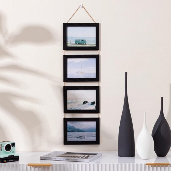 Asoricing Hanging Picture Frames Set of 2, Black Wood Grain Vertical Collage Wall Decor with Rope, 4x6 Inch 4-Opening Photo Frame for Home Living Room Bedroom, MDF Material