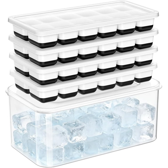 Asoricing Ice Cube Tray with Lid and Bin, 4 Pack Ice Trays for Freezer, Stackable Ice Bucket Kits with Storage Container for Kitchen, RV, Cocktail, Coffee (Black)
