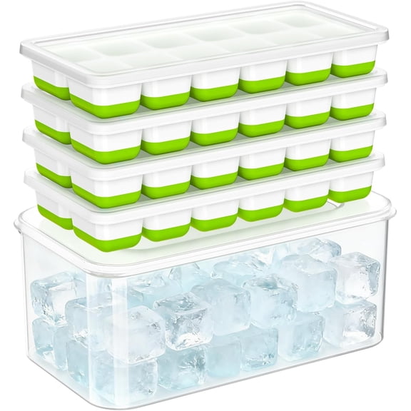 Asoricing Ice Cube Tray with Lid and Bin, 4 Pack Ice Trays for Freezer, Stackable Ice Bucket Kits with Storage Container for Kitchen, RV, Cocktail, Coffee (Green)