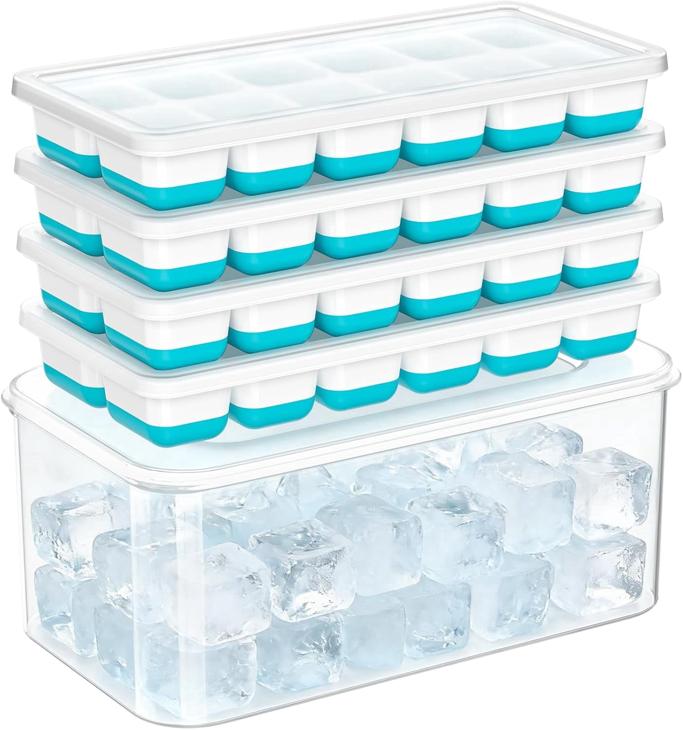 Asoricing Ice Cube Tray with Lid and Bin, 4 Pack Ice Trays for Freezer, Stackable Ice Bucket Kits with Storage Container for Kitchen, RV, Cocktail, Coffee