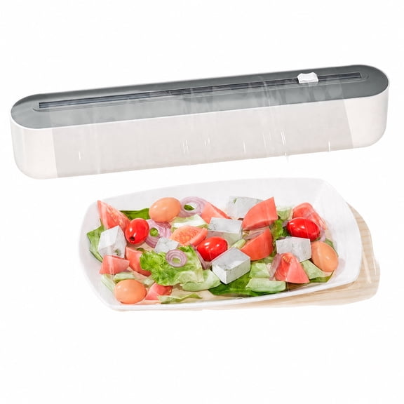 Asoricing Plastic Wrap Dispenser with Slide Cutter, Wall Mount Suction Cup Holder for Kitchen, Refillable Food Grade Cling Film & Aluminum Foil Cutter, White Gray