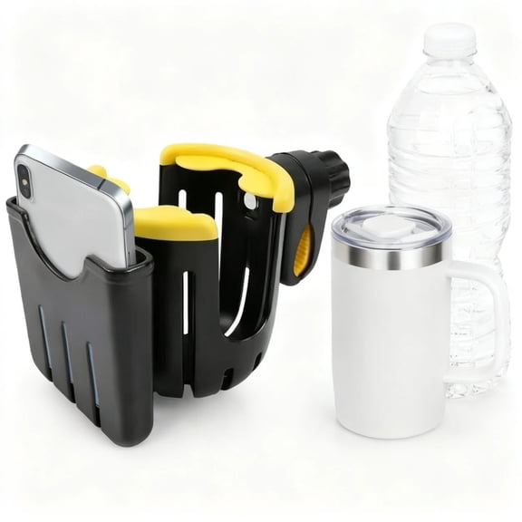 Asoricing Walker & Wheelchair Cup Holder, Universal Clip-On Drink Holder with Mug Handle Slots for Stroller, Rollator, and Bike, Sturdy Adjustable Clamp for Seniors and Outdoor Activities