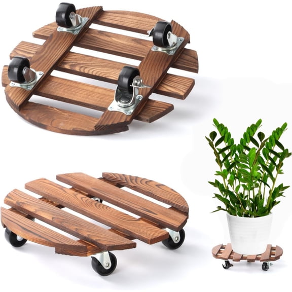 Asoricing Wooden Plant Caddy with Wheels 2-Pack, 12 Inch Round Plant Dolly for Heavy Planters,Carbonized Anti-Corrosion Stand