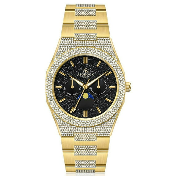 Asorock Watches | Gold/Black | Iced transporter - Small diamond bezel - Half iced strap | 44mm CZ diamond watch