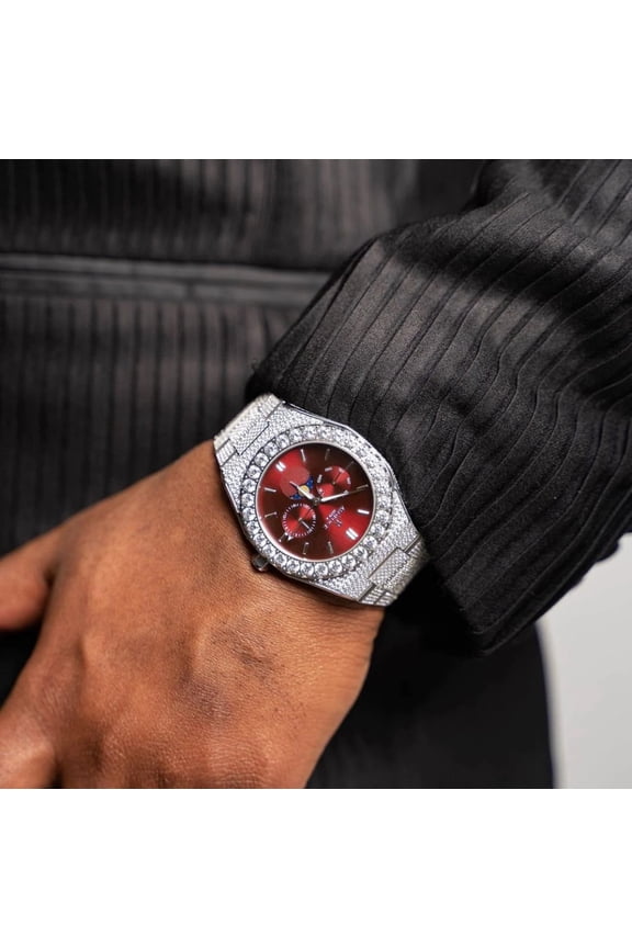 Watches | Silver/Red | Iced transporter - Big diamond bezel - Fully iced strap | 44MM CZ DIAMONDS
