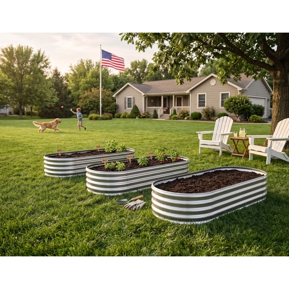 Asotewt Raised Garden Bed 3Pcs 4ft Oval Galvanized Metal Planter Box, 48"L x 24"W x 11"H, Silver for Yard Backyard