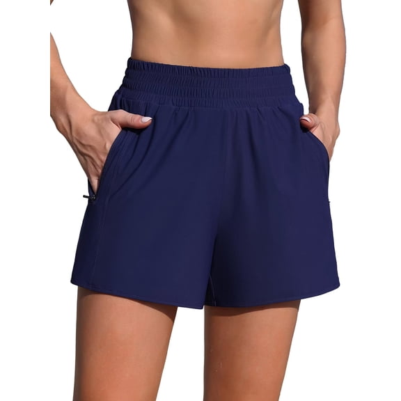 Charmo High Waisted Swim Shorts for Womens with Zipper Pockets Quick Dry Board Shorts Swimsuit Bottoms Built-in Brief