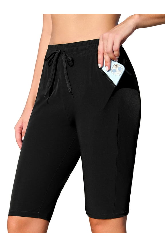 Knee-Length Swim Bottoms for Womens Drawstring Swim Capris Built-in Brief with Pockets