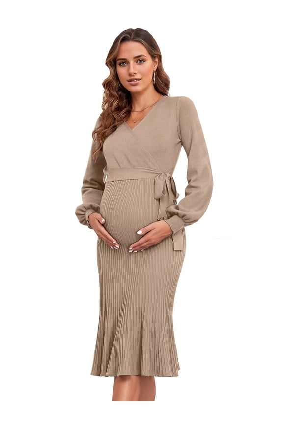 Maternity Nursing Dress Sweater Dress for Women Wrap Dress V Neck Ruffle Maternity Dress