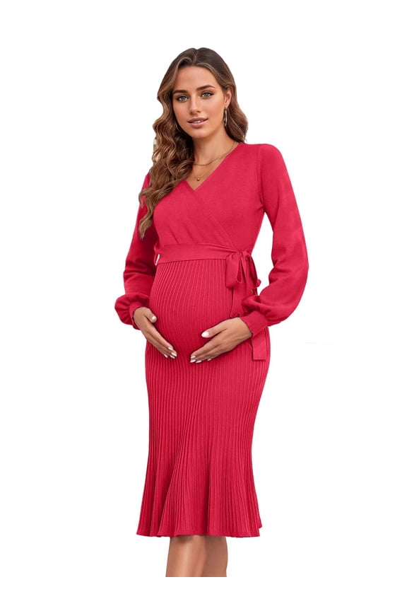 Maternity Nursing Dress Sweater Dress for Women Wrap Dress V Neck Ruffle Maternity Dress