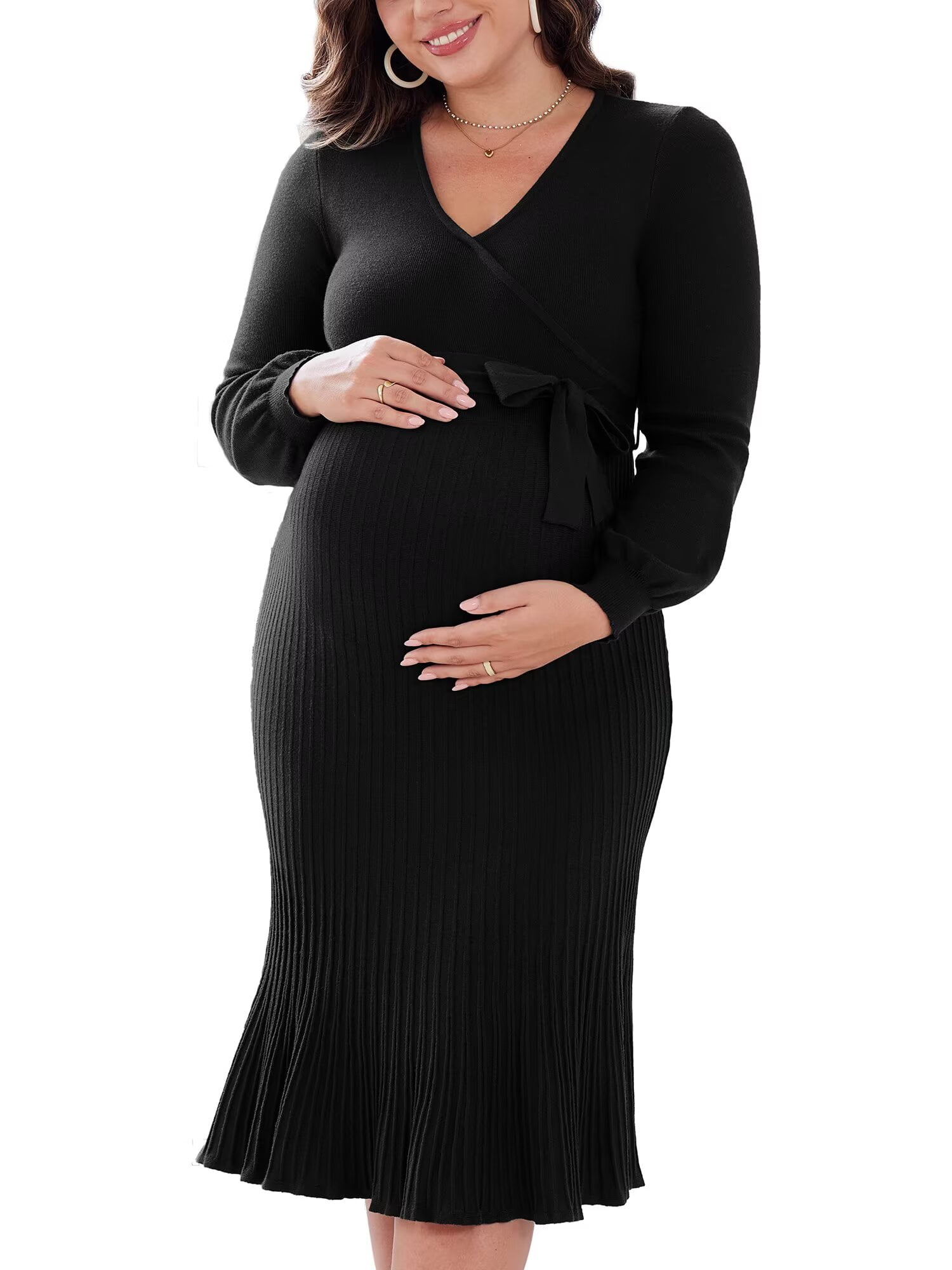 Asoul Maternity Warpped V Neck Pleated Dress Knit Midi Pregancy Dresses  Ribbed Knit Nursing Clothes with Belt - Walmart.com