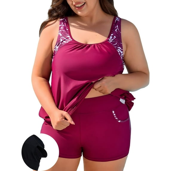 Asoul Plus Size Tankini Swimsuit for Womens Two Piece Tankini Tops with Shorts and Pockets Tummy Control Swimsuit