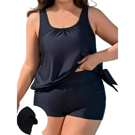 Asoul Plus Size Tankini Swimsuit for Womens Two Piece Tankini Tops with Shorts and Pockets Tummy Control Swimsuit
