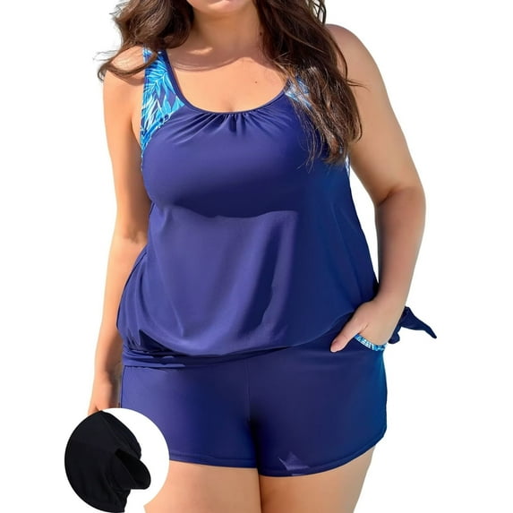 Asoul Plus Size Tankini Swimsuit for Womens Two Piece Tankini Tops with Shorts and Pockets Tummy Control Swimsuit
