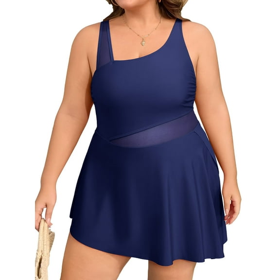 Asoul Plus Size One Piece Swimsuit Swim Dress Mesh Cutout Skirt Bathing Suits Women Side Split Modest Swim Suits