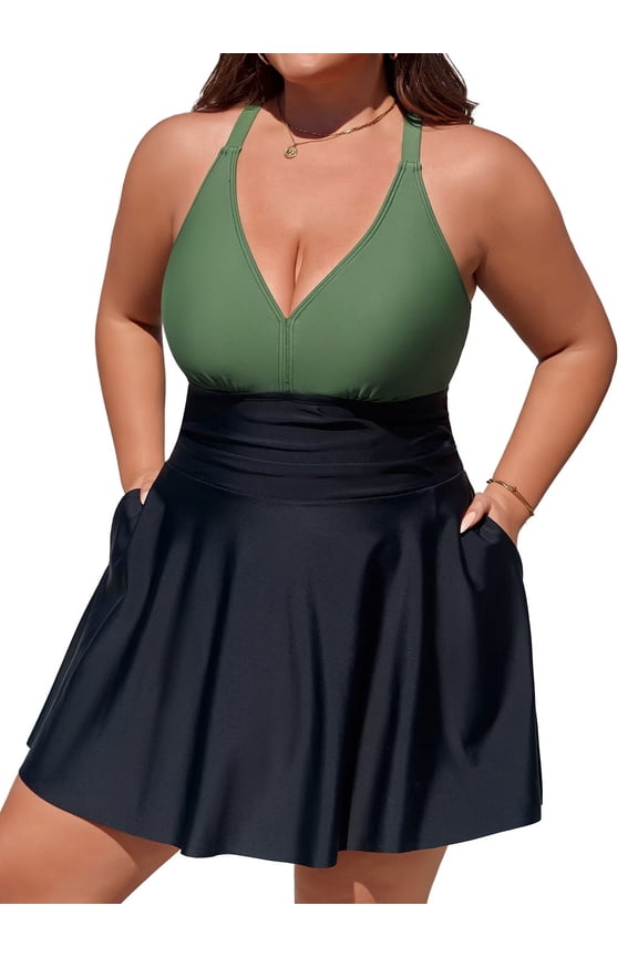 Plus Size One Piece Swimsuit for Womens Tummy Control Swimdress Swimwear Criss Straps Bathing Suits with Pockets