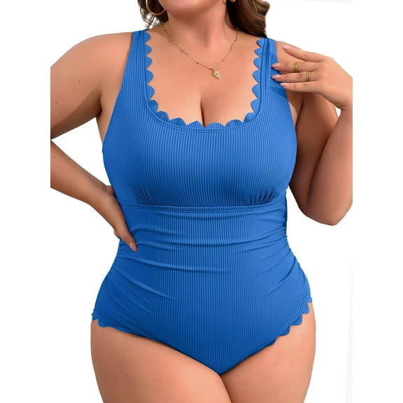 Asoul Plus Size Ribbed Swimsuit for Womens One Piece Scalloped Swimwear Tummy Control Bathing Suits