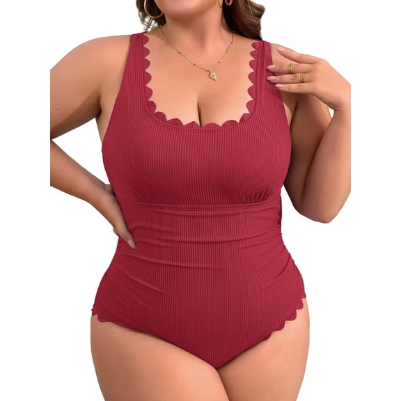 Asoul Plus Size Ribbed Swimsuit for Womens One Piece Scalloped Swimwear Tummy Control Bathing Suits