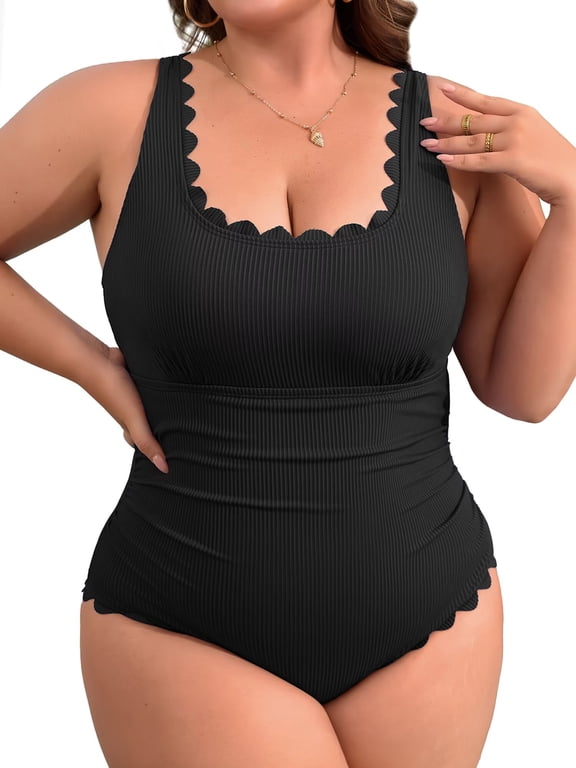 Plus Size Ribbed Swimsuit for Womens One Piece Scalloped Swimwear Tummy Control Bathing Suits
