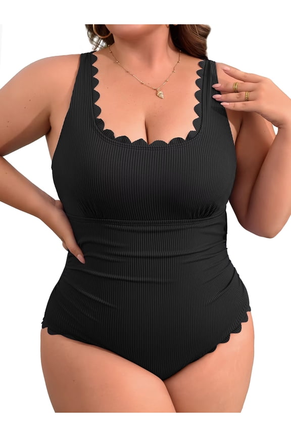 Plus Size Ribbed Swimsuit for Womens One Piece Scalloped Swimwear Tummy Control Bathing Suits