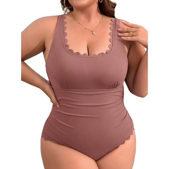 Asoul Plus Size Ribbed Swimsuit for Womens One Piece Scalloped Swimwear Tummy Control Bathing Suits
