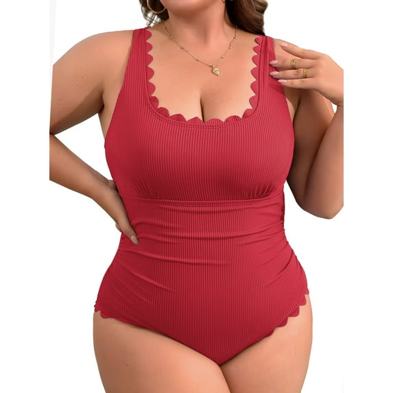 Asoul Plus Size Ribbed Swimsuit for Womens One Piece Scalloped Swimwear Tummy Control Bathing Suits