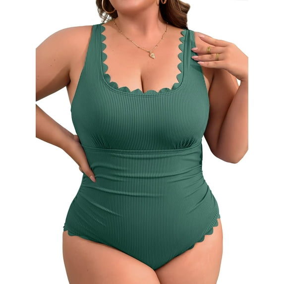 Asoul Plus Size Ribbed Swimsuit for Womens One Piece Scalloped Swimwear Tummy Control Bathing Suits
