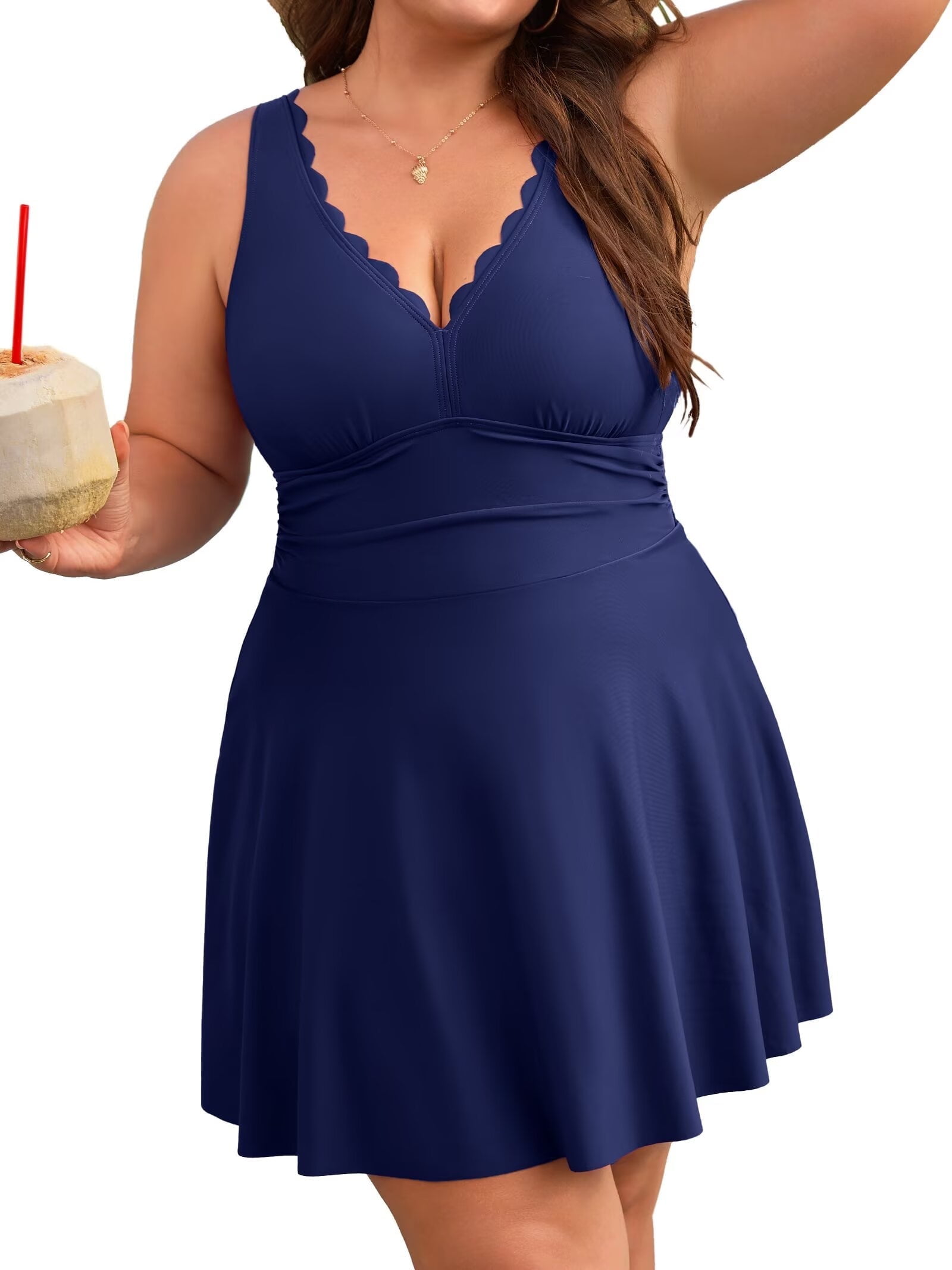 Deep V Neck Sleeveless Slit Hem Plus Size Swimwear