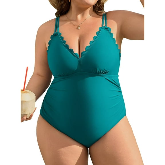 Asoul Plus Size Swimsuit for Women Scalloped Tummy Control One Piece Bathing Suits Ruched V Neck Swimwear
