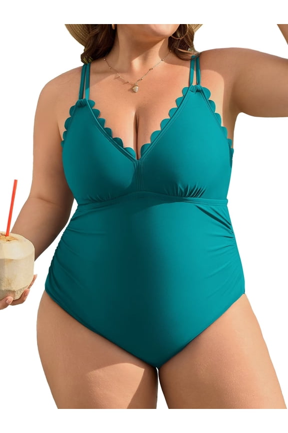 Plus Size Swimsuit for Women Scalloped Tummy Control One Piece Bathing Suits Ruched V Neck Swimwear