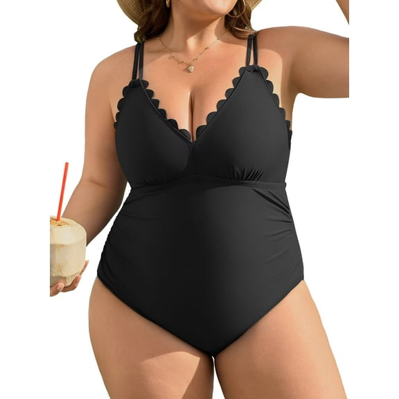Asoul Plus Size Swimsuit for Women Scalloped Tummy Control One Piece Bathing Suits Ruched V Neck Swimwear