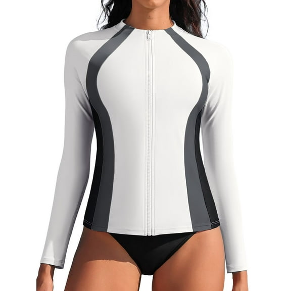 Asoul Rash Guard for Women Full Zip, Zip Up Long Sleeve Swim Shirts for Women, Surfing Top UPF 50  SPF Sun & UV Protection