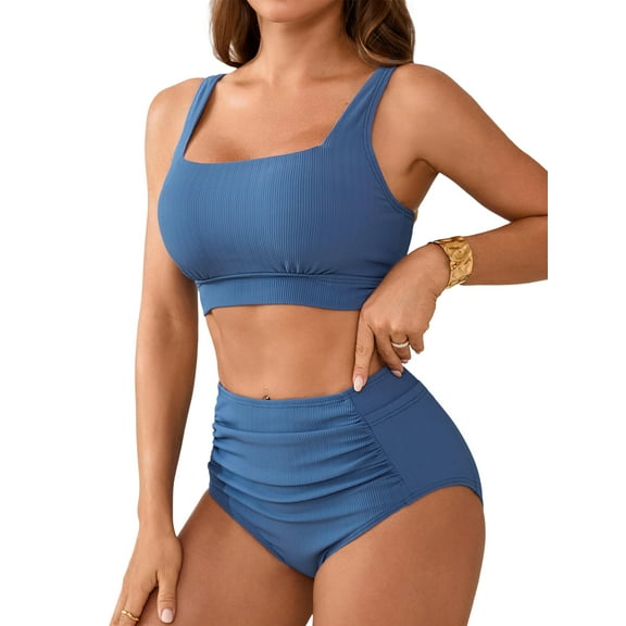 Asoul Ribbed High Waisted Bikini Sets for Womens Scoop Neck Wide Straps Bathing Suit