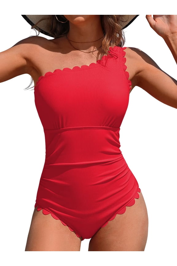 Ribbed One Piece Swimsuit for Women One Shoulder Scalloped Bathing Suits Tummy Control Swim Suit Monokini Swimwear