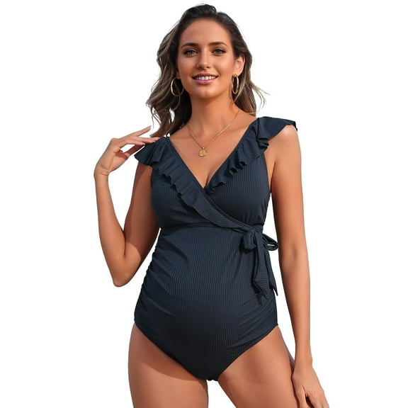 Asoul Ruffle Maternity Swimsuit One Piece V-Neck Pregnancy Bathing Suit Tie Kont Monokini Swimwear for Womens