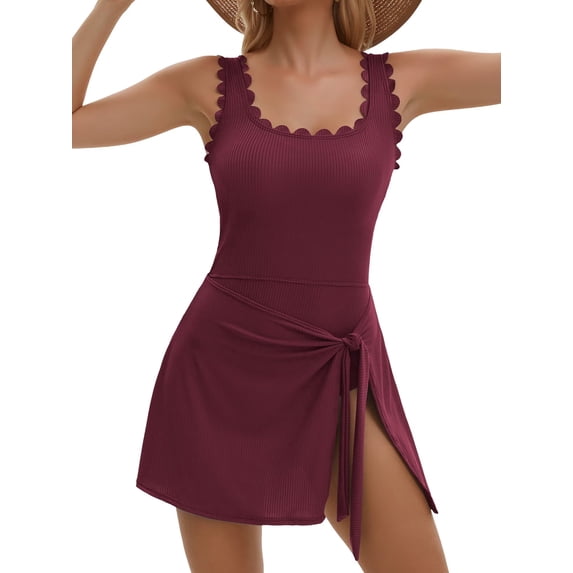 Asoul Scalloped Ribbed One-Piece Tummy Control Swimsuits for Women Wrap Tie Swim Dress Modest Bathing Suits with Skirts