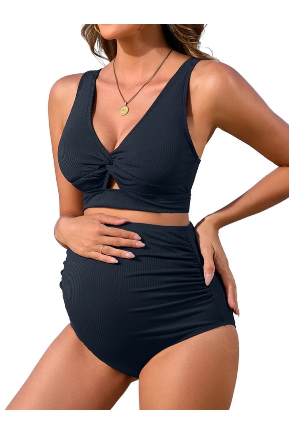 V Neck Maternity Swimsuits Ribbed Twist Front Bikini Sets High Waist Pregnancy Bathing Suits for Womens